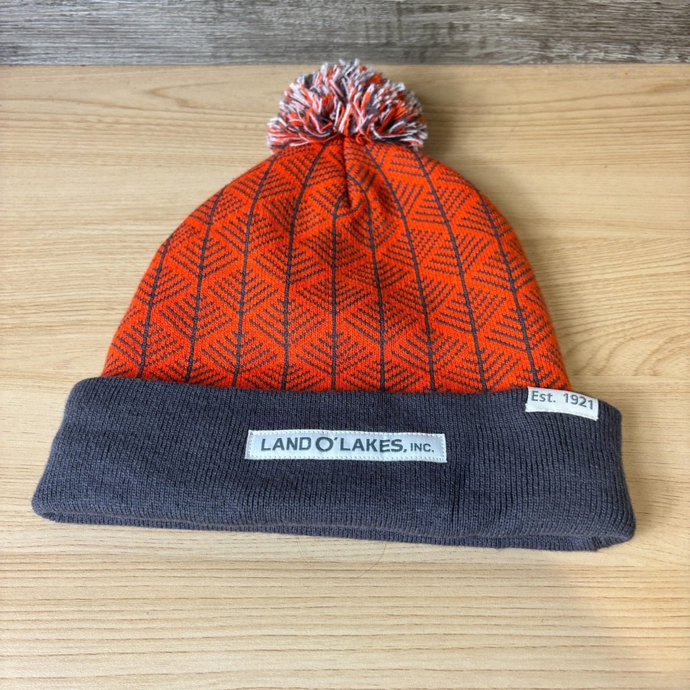 Land O Lakes Hat Beanie Cuffed Knit Orange Gray Pom‎ Pom